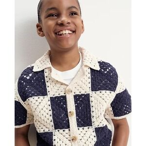 J. Crew Crewcuts Kids'‎ short-sleeve checker crochet camp shirt Navy Cream XS